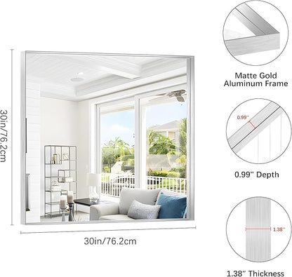 Silver Bathroom Mirror, 30x30 Inch Rectangular Framed Mirror, Large Wall Mounted Bathroom Vanity Mirror Over Sink for Bedroom,Restroom, Living Room, Hangs Vertically or Horizontally