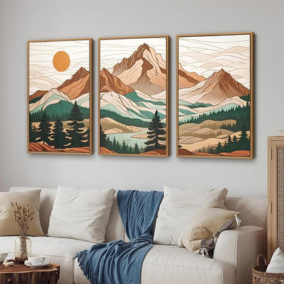 Tinonedraw Mountain Framed Canvas Wall Art Set of 3, Sunrise Forest Woodland Landscape Art Prints, Boho Coloful Ridge Scenery Wall Decor, Wood Pine Wilderness Art Paintings for Living Room Bedroom, Office 16"x24"