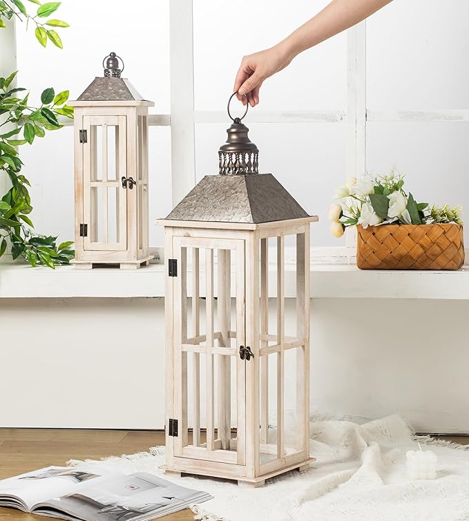 TIMRIS Large Rustic Wooden Decorative Lantern Set of 2, Modern Farmhouse Distressed Whitewash Floor Candle Lanterns, Indoor/Outdoor Hanging Lanterns for Home Decor (No Glass)