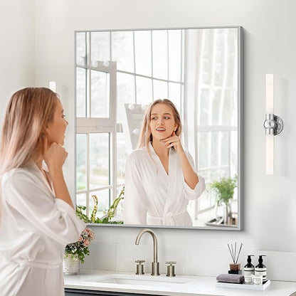 Silver Bathroom Mirror for Wall, 30x36 Inch Rectangle with Metal Frame, Modern Vanity for Bathroom Living Room, Entryway Hangs Horizontal or Vertical