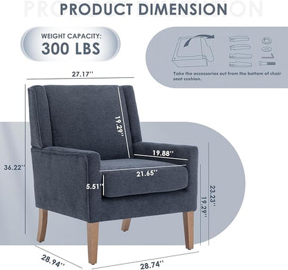 COLAMY Modern Wingback Living Room Chair, Upholstered Fabric Accent Armchair, Single Sofa Chair with Lounge Seat and Wood Legs for Bedroom/Office/Reading Spaces, Blue