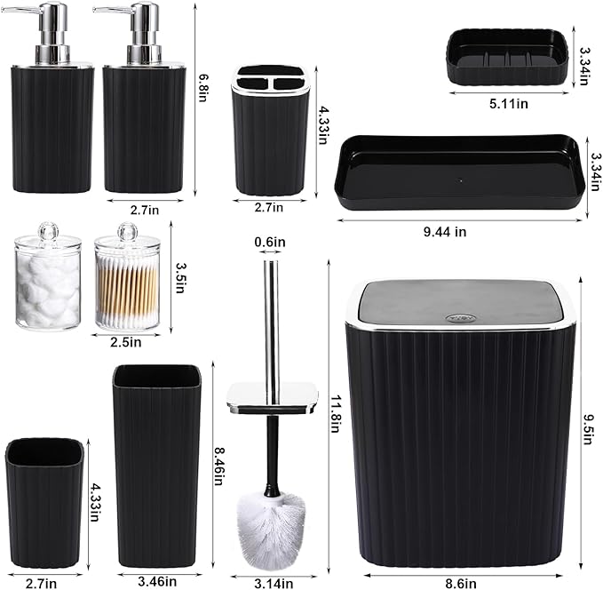 Bathroom Accessories Set - Gorgeous Bathroom Set, 10PC Bathroom Accessory Set, Toilet Brush, Trash Can, Qtip Holder Dispenser & Soap Dispenser