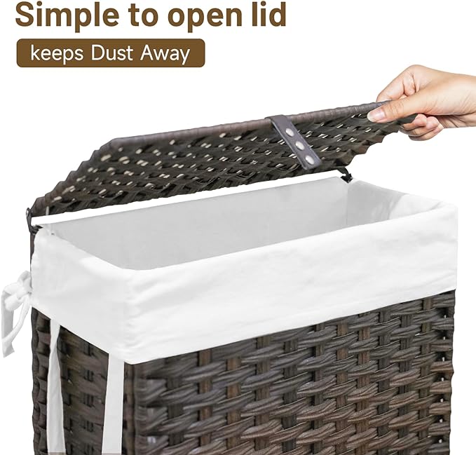 70L Slim Laundry Hamper with Lid & Wheels, Rolling Laundry Basket with 2 Removable Liner Bags & 3 Mesh Bags, Narrow Dirty Clothes Basket, Foldable Handwoven Rattan Laundry Sorter, Brown