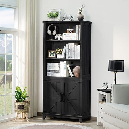 70in Tall Bookshelf 5 Tier Bookcase with Barn Doors and Adjustable Shelves, Black Farmhouse Book Shelf with Storage Cabinet, Wood Freestanding Display Bookshelves for Bedroom, Kitchen (2PCS)
