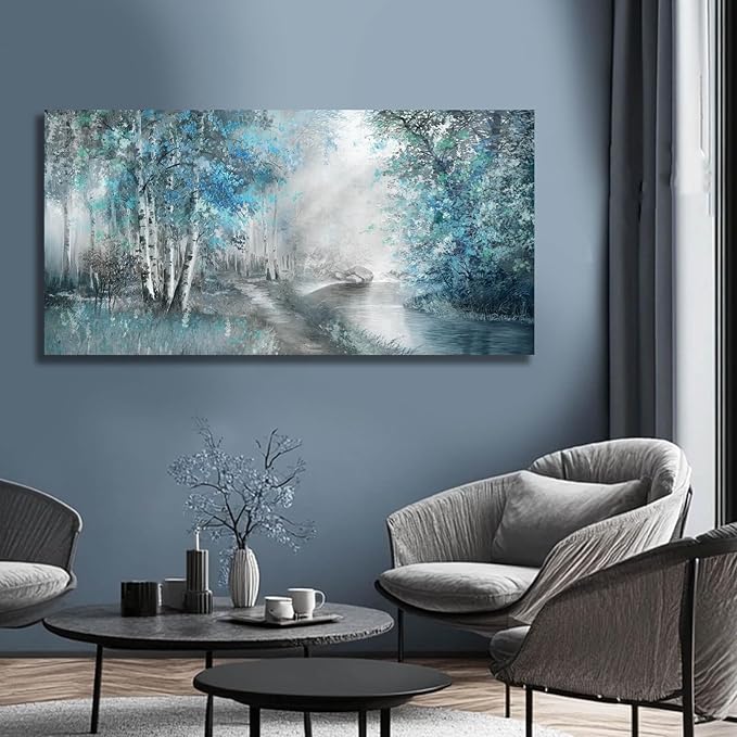 SOUGUAN Landscape Art Posters Blue Pictures Wall Decor Grey Forest Wall Prints Botanical Artwork for Dining Room Bedroom 20"x 40" Contemporary Wall Art