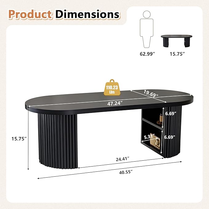 Oval Fluted Coffee Table, 47" Farmhouse Wood Coffee Table Mid Century Modern Center Table Boho Living Room Tables for Living Room Office,Black