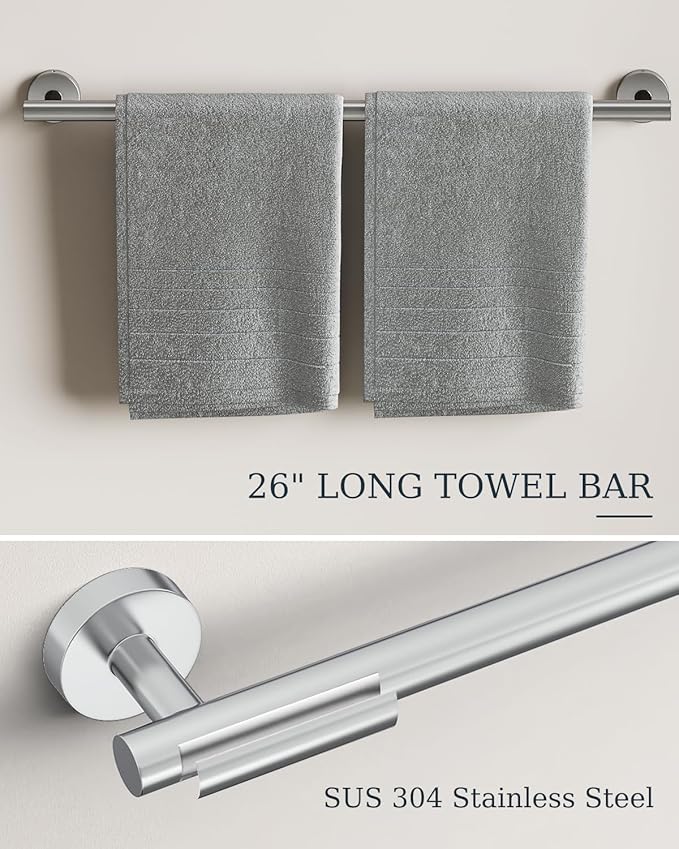 Chrome Bathroom Accessories Set, SUS304 Stainless Steel 5 Pieces Bathroom Hardware Set, 26 Inch Bath Towel Bar Set, 2 Towel Hooks, Toilet Paper Holder, Towel Racks for Bathroom Wall Mounted