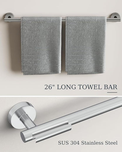 Chrome Bathroom Accessories Set, SUS304 Stainless Steel 5 Pieces Bathroom Hardware Set, 26 Inch Bath Towel Bar Set, 2 Towel Hooks, Toilet Paper Holder, Towel Racks for Bathroom Wall Mounted