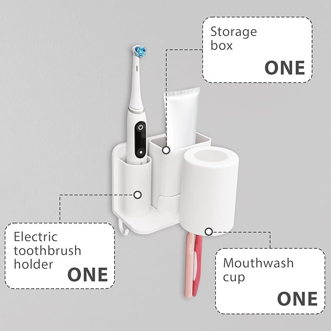 Toothbrush Holders with Mouthwash Cup Wall Mounted for Bathrooms, 2 Slots Bathroom Organizer for Toothpaste, Electric Toothbrush, Razor, Floss, Self Adhesive Toothbrush Hanger Storage for Shower