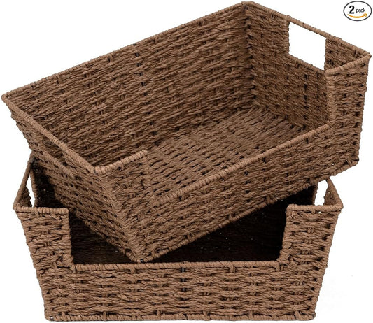 StorageWorks Round Paper Rope Woven Basket for Pantry Organizers and Storage, Stackable Pantry Storage Baskets for Shelves, Brown, 2-Pack