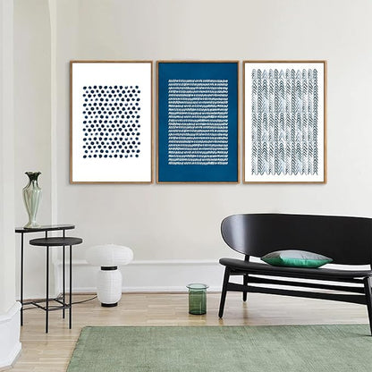 Tinonedraw Navy Blue White Framed Canvas Wall Art Set, Modern Geometric Dots Line Wall Decor, Neutral Abstract Shape Artwork, Cozy Contemporary Art Prints for Bedroom Living Room Office 16"x24"x3