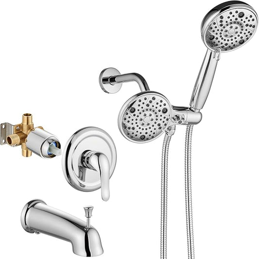 Aolemi Tub Shower Faucet Set with Tub Spout Rain Shower Head System Shower Trim Kit Pressure Rough-in Valve Included ABS 8 Setting Dual Shower Head and Handheld Spray Polish Chrome
