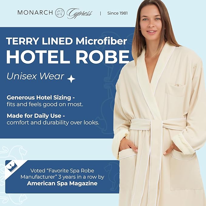 Terry Lined Microfiber Hotel Robe - Luxury Spa Bathrobe by Monarch/Cypress