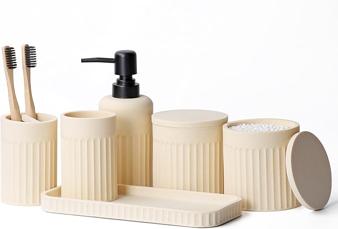 Bathroom Accessory Set - 6 Pieces Bathroom Accessories Set Complete with Soap Dispenser, Toothbrush Holders, Tumbler, Vanity Tray and 2 Qtip Holder for Home Organizer and Decor, Beige