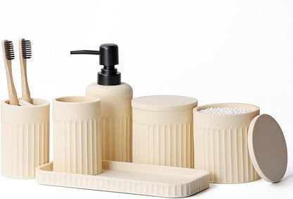Bathroom Accessory Set - 6 Pieces Bathroom Accessories Set Complete with Soap Dispenser, Toothbrush Holders, Tumbler, Vanity Tray and 2 Qtip Holder for Home Organizer and Decor, Beige