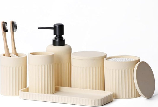 Bathroom Accessory Set - 6 Pieces Bathroom Accessories Set Complete with Soap Dispenser, Toothbrush Holders, Tumbler, Vanity Tray and 2 Qtip Holder for Home Organizer and Decor, Beige
