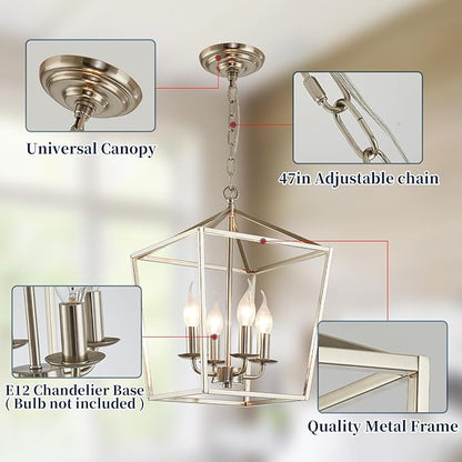 4-Light Brushed Nickel Farmhouse Chandelier, 12" Industrial Ceiling Light Lantern Pendant Light with Metal Cage Adjustable Height Rustic Hanging Light E12 Base for Kitchen Island Dining Room Entryway