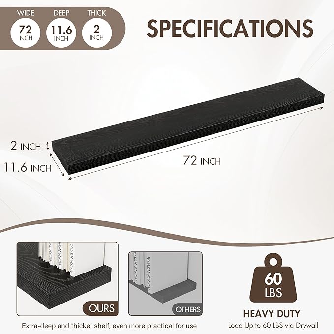 72 Inch Floating Shelves, 12" Deep Floating Shelf Wall Mounted, 72" Wall Shelves, Rustic Deep Bookshelf, Extra Deeper & Thicker Display Shelves for Bedroom, Living Room, Black, Set of 1
