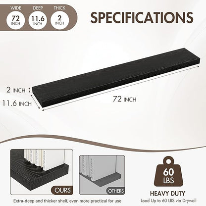 72 Inch Floating Shelves, 12" Deep Floating Shelf Wall Mounted, 72" Wall Shelves, Rustic Deep Bookshelf, Extra Deeper & Thicker Display Shelves for Bedroom, Living Room, Black, Set of 1