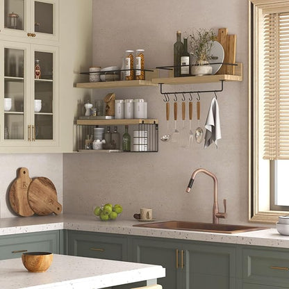 Bathroom Shelves Over Toilet for Wall, Floating Shelves with Storage Basket Paper Holer for Kitchen Living Room, Bedroom & Classroom, Set of 3 (Nature Wood)