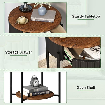OIOG Modern Side Table with Drawer, Industrial 2 Tier End Table with Shelf, Wood Grain Nightstand with Storage for Living Room, Bedroom, Office, Dorm, Black