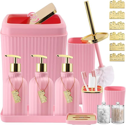 17PCS Bathroom Accessory Set Pink Bathroom Set Bathroom Accessories,Toilet Brush, Trash Can, Qtip Holder Dispenser& 3PCS Soap Dispenser