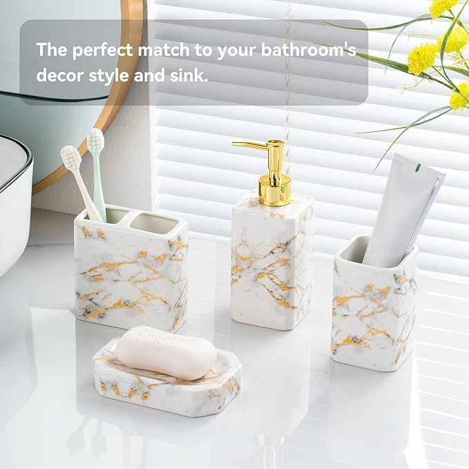 4 Piece Bathroom Accessories Set - White Bathroom Accessory Sets Includes Lotion Dispenser, Toothbrush Holder Tumbler, and Soap Dish - Glossy Finish (Marble, White)
