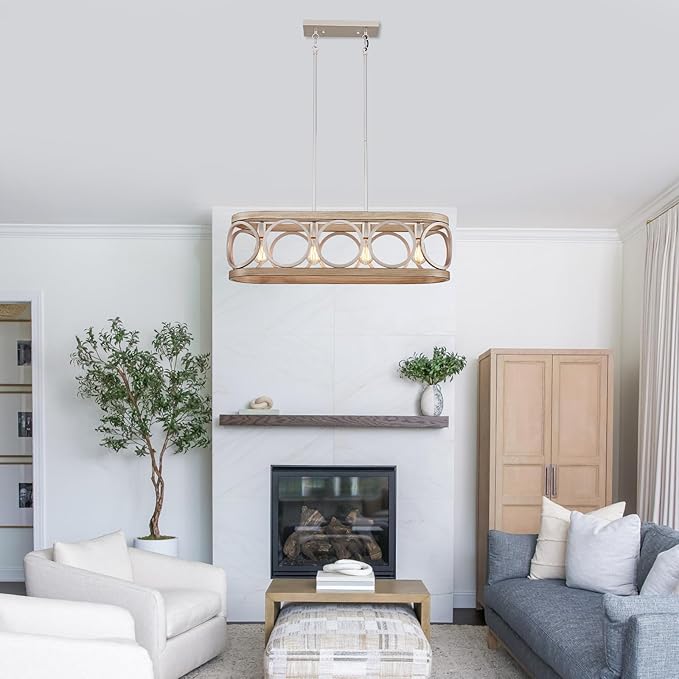 XINGQI Kitchen Island Chandelier for Dining Room Modern Farmhouse Rectangle Pendant Lighting Fixture Vintage Linear Hanging 4-Light Rustic Living Room, Antique Brushed Nickel and Wood Grain Finish