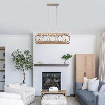 XINGQI Kitchen Island Chandelier for Dining Room Modern Farmhouse Rectangle Pendant Lighting Fixture Vintage Linear Hanging 4-Light Rustic Living Room, Antique Brushed Nickel and Wood Grain Finish