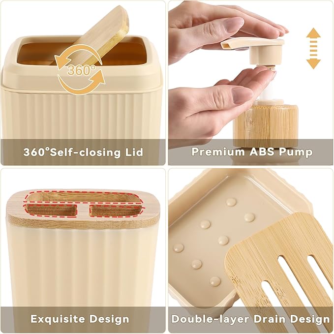 32PCS Bathroom Sets with Shower Curtain and Rugs Beige Bathroom Accessories Set Shower Curtain Set 3PCS Lotion Soap Dispenser Bathroom Accessories with Black Bathroom Decor