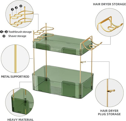 Bathroom Counter Organizer with Hair Dryer Holder, Hair Tool Countertop Storage, Cosmetics Skincare Shelf Organizer, Makeup Organizer Perfume for Dresser Vanity Tray(2 Tier-Green)