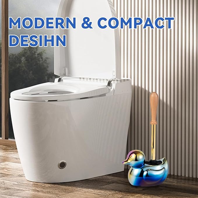 Ceramic Toilet Brush and Holder Set with Duck Base - Multicolor Rainbow, Freestanding Bathroom Brush Organizer, Space-Saving 7.5" Bowl Cleaner Kit - Bath Decor