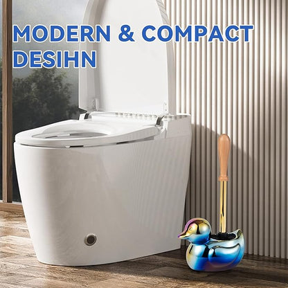 Ceramic Toilet Brush and Holder Set with Duck Base - Multicolor Rainbow, Freestanding Bathroom Brush Organizer, Space-Saving 7.5" Bowl Cleaner Kit - Bath Decor
