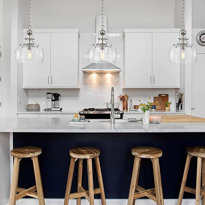 WUZUPS Chandelier Rustic Farmhouse Industrial Round Ceiling Pendant LED Light Fixture with Clear Glass Shades for Dining Room Kitchen Island Foyer Entryway, H 13" x W 10", E26 Base, Brushed Nickel