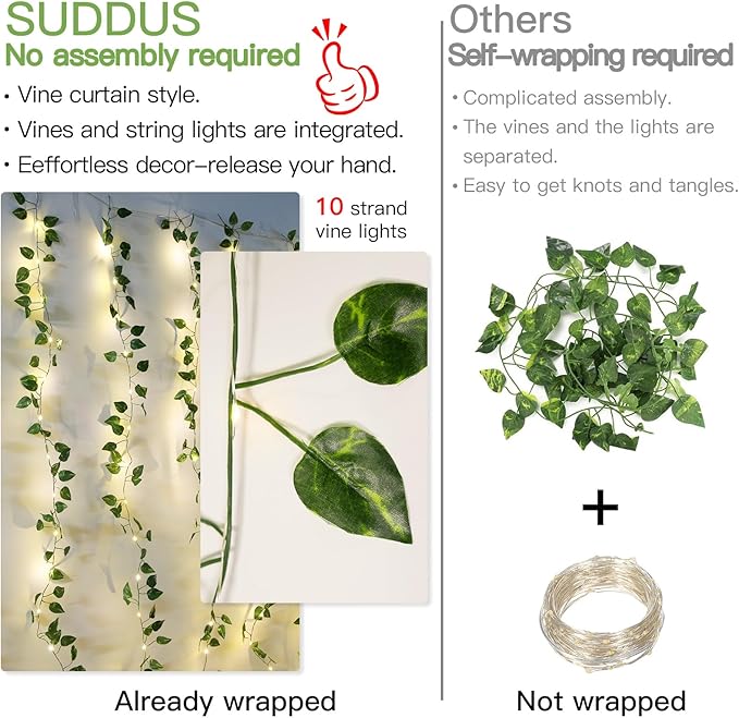 suddus Vines with Lights, 200 LED Fairy Lights with Vines, Pothos Curtain String Lights with Remote for Bedroom, Dorm, Wedding, Party, Wall, Indoor, Outdoor Decor, 6.5ft x 6.5ft