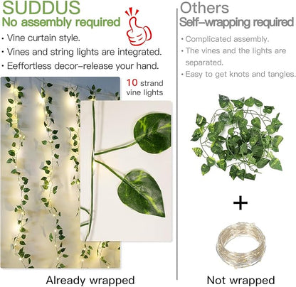 suddus Vines with Lights, 200 LED Fairy Lights with Vines, Pothos Curtain String Lights with Remote for Bedroom, Dorm, Wedding, Party, Wall, Indoor, Outdoor Decor, 6.5ft x 6.5ft