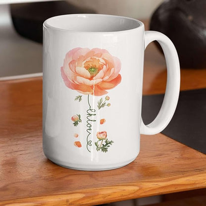 Ranunculus Lover Accent Mug, Novelty Flower Themed Coffee Cup 11oz 15oz, Customized Ranunculus Floral Mug With Name, Personalized Flower Decorative Cup, Gift For Birthday