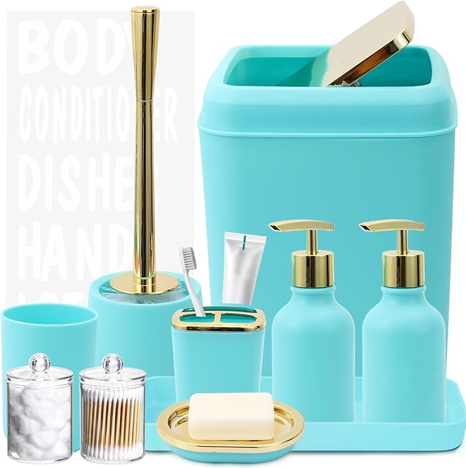 Teal Bathroom Accessories Set - 10 Piece Bathroom Accessory Set with Trash Can, Soap Dispenser, Soap Dish, Toothbrush Holder and Cup, Toilet Brush, Qtip Holder, Bathroom Decor Sets Complete