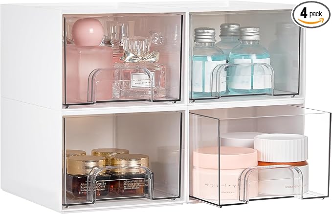 Vtopmart 4Pack Stackable Storage Drawer, 4.4'' Tall Bathroom Makeup Organizer,Plastic Storage Bins For Vanity, Undersink, Kitchen Cabinets, Pantry, Home Organization(White)