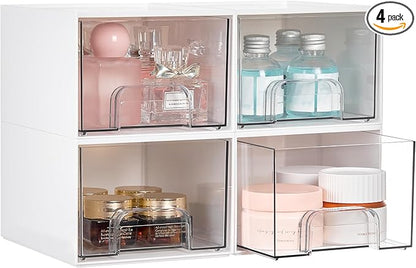 Vtopmart 4Pack Stackable Storage Drawer, 4.4'' Tall Bathroom Makeup Organizer,Plastic Storage Bins For Vanity, Undersink, Kitchen Cabinets, Pantry, Home Organization(White)