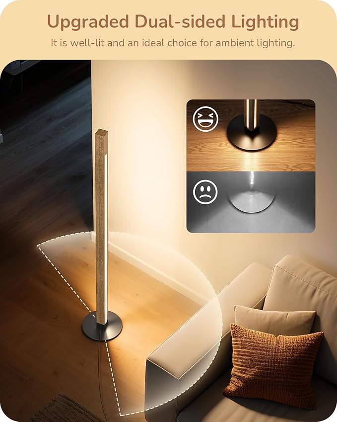 EDISHINE Corner Floor Lamp, Upgraded Dual-Sided Lighting, Wooden Floor Lamps for Living Room, Standing Lamp with Remote/Foot Control, 7CCT & Dimmable Floor Lamp for Bedroom, Office, Natural Wood