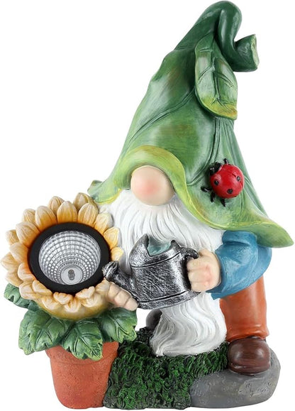 Solar-Powered Large Garden Gnome Watering Can Sunflower - 12 in Garden Decor Gnomes Decorations for Yard Lawn Ornaments Outside Statue Figurine LED Lights (Gnome)