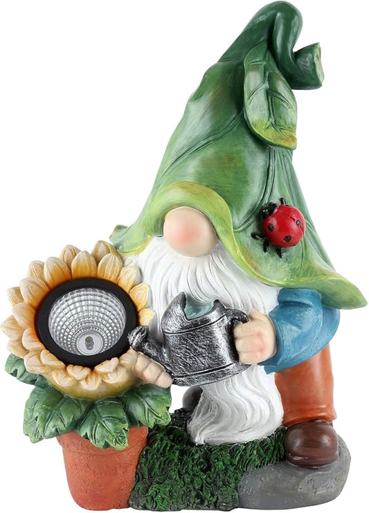Solar-Powered Large Garden Gnome Watering Can Sunflower - 12 in Garden Decor Gnomes Decorations for Yard Lawn Ornaments Outside Statue Figurine LED Lights (Gnome)