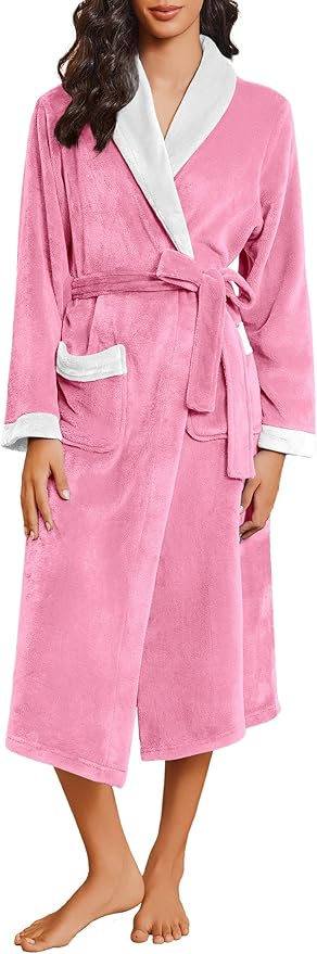 Ekouaer Robes for Women Soft Long Bathrobe Lightweight Fleece Shawl Collar Spa Robe Cozy Sleepwear with Pockets S-XXL