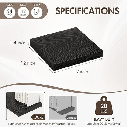 12 Inch Floating Shelves, 12" Deep Floating Shelf Wall Mounted, 12" Wall Shelves, Rustic Deep Bookshelf, Extra Deeper Display Shelves & Storage Shelves for Bedroom, Living Room, Set of 3