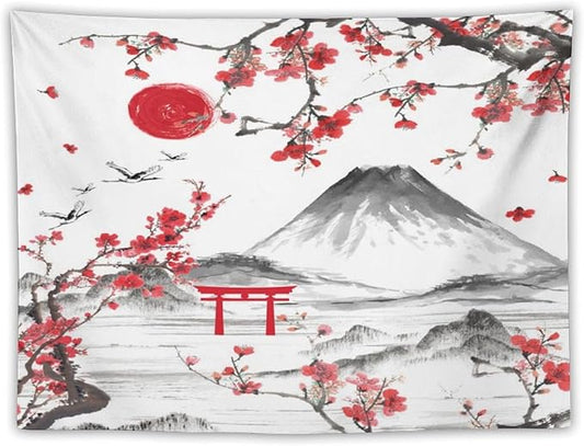 Red Cherry Blossoms Tapestry, Japanese Fuji Mountain Tapestry, Asian Japanese Wall Tapestry, Nature Landscape Tapestries for Bedroom Living Room Decor 40"x30"