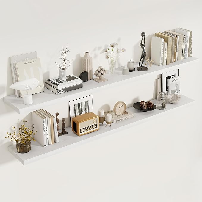 72 Inch Floating Shelves for Wall, 8 Inch Deep Floating Shelf, Large Shelves with Invisible Bracket for Books|Storage, Rustic Wood Wall Shelf for Bedroom, Kitchen, Living Room, White