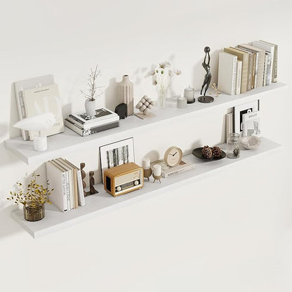 72 Inch Floating Shelves for Wall, 8 Inch Deep Floating Shelf, Large Shelves with Invisible Bracket for Books|Storage, Rustic Wood Wall Shelf for Bedroom, Kitchen, Living Room, White
