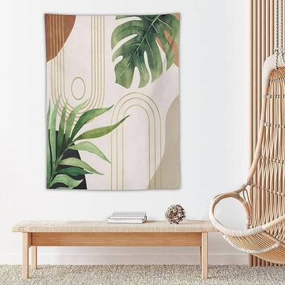 Abstract Boho Tapestry, Mid Century Tropical Tree Leaves Modern Geometric Arch Bohemian Botanical Tapestry, Home Aesthetic Wall Hanging Art Decor for Living Room Bedroom Dormitory 60x80 Inch