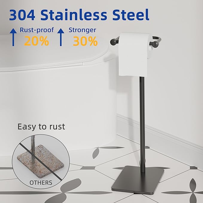 RUACQ Toilet Paper Holder Stand, Bathroom Toilet Paper Roll Holder Free Standing, Toilet Tissue Holder Stand with Post Pivoting Design, Stable Weighted Base, SUS304 Stainless Steel (Matte Black)